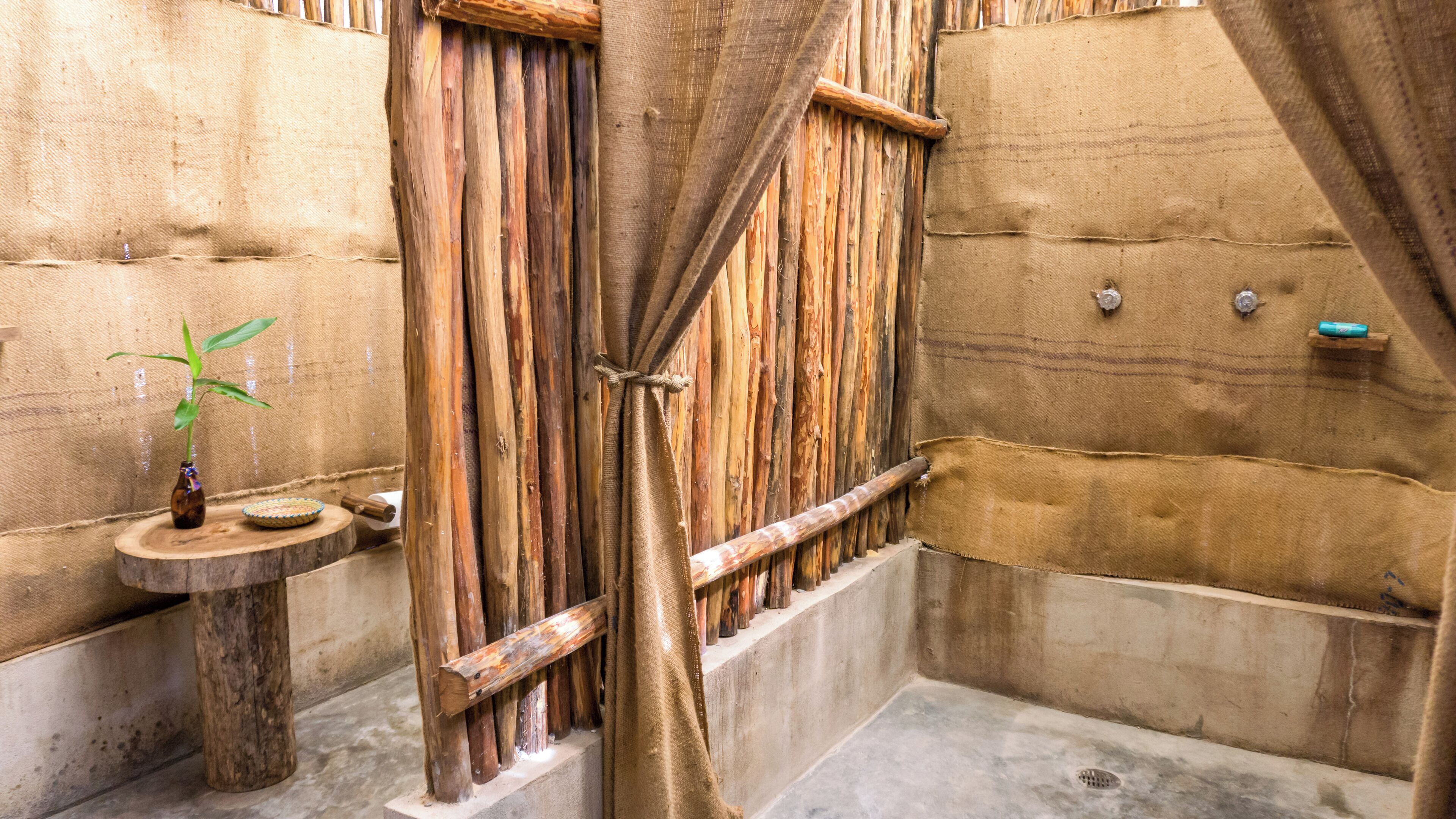 Un baño rústico con puerta de madera, un lavabo pequeño y redondo, y una planta en maceta.