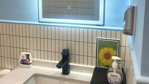 Une salle de bain avec un lavabo blanc, un robinet noir, un miroir à motifs géométriques et un distributeur de savon fixé au mur.