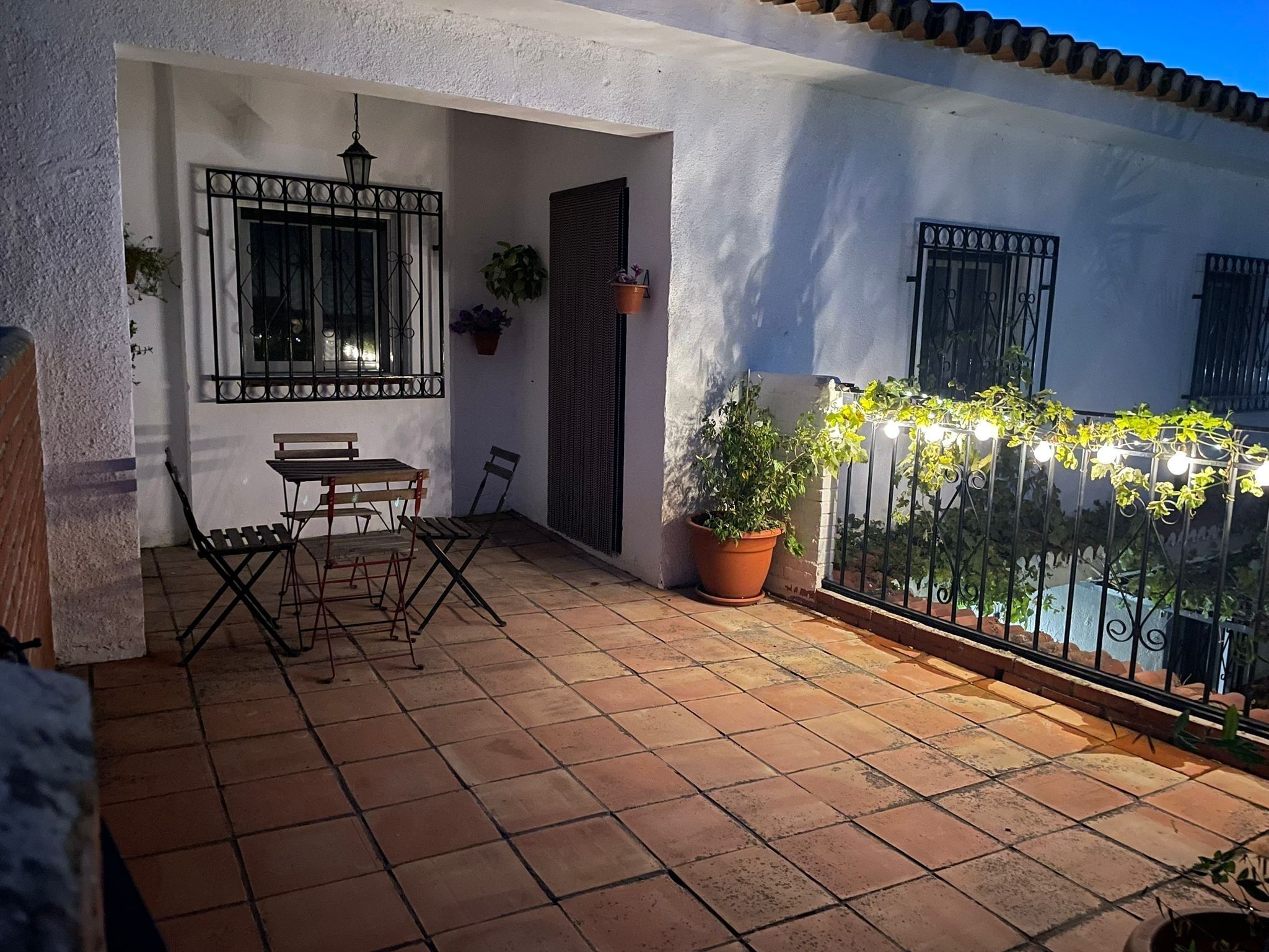 A terrace with a table and chairs, a potted plant, and a railing with lights.
