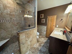 Douche, baignoire à remous, séchoir à cheveux, serviettes fournies