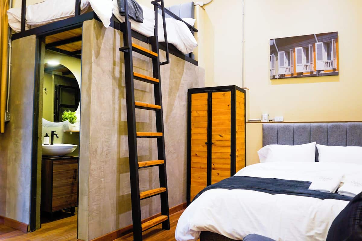 A bedroom with a bunk bed, a ladder, a wardrobe, a bathroom with a sink, and a picture on the wall.
