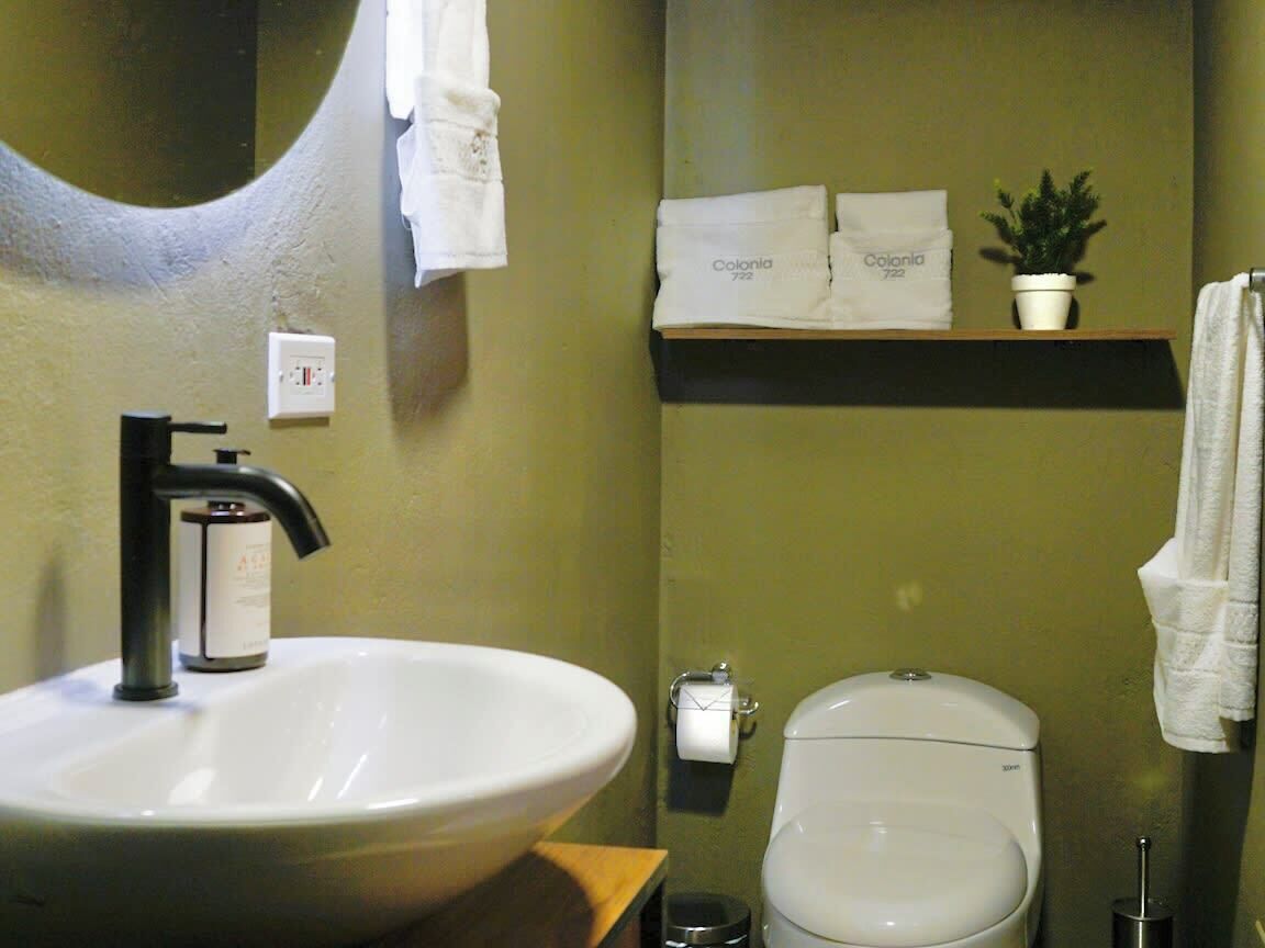 Une salle de bain avec un lavabo blanc, des toilettes, un miroir et une étagère avec des serviettes et une plante.