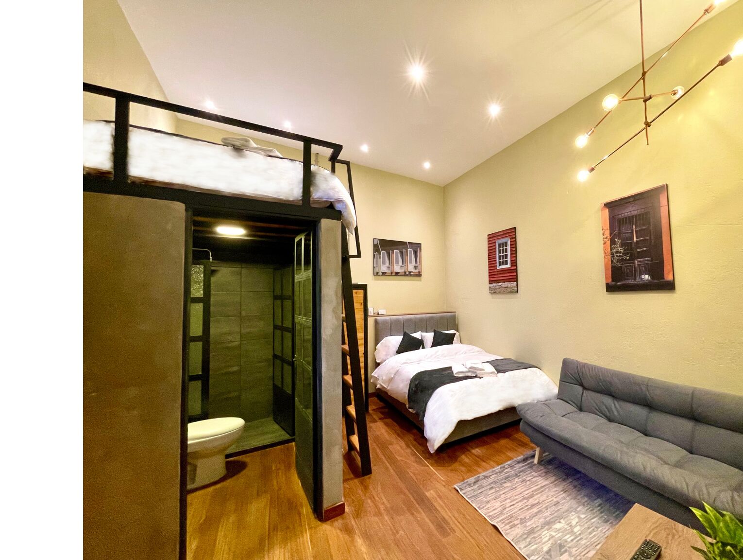 A compact room with a bunk bed, a sofa, a small bathroom, and a wooden floor.