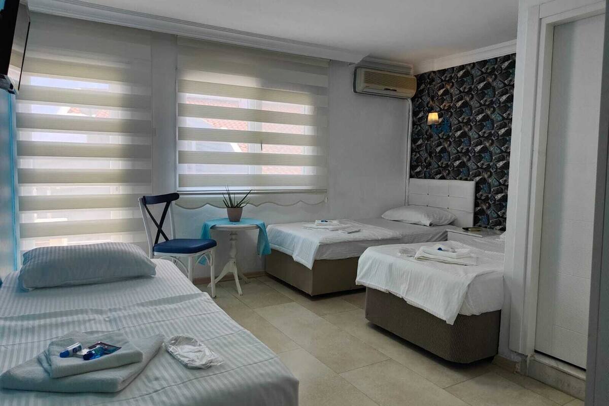 Une chambre d’hôtel avec deux lits, une chaise, une petite table avec une plante et un climatiseur fixé au mur.