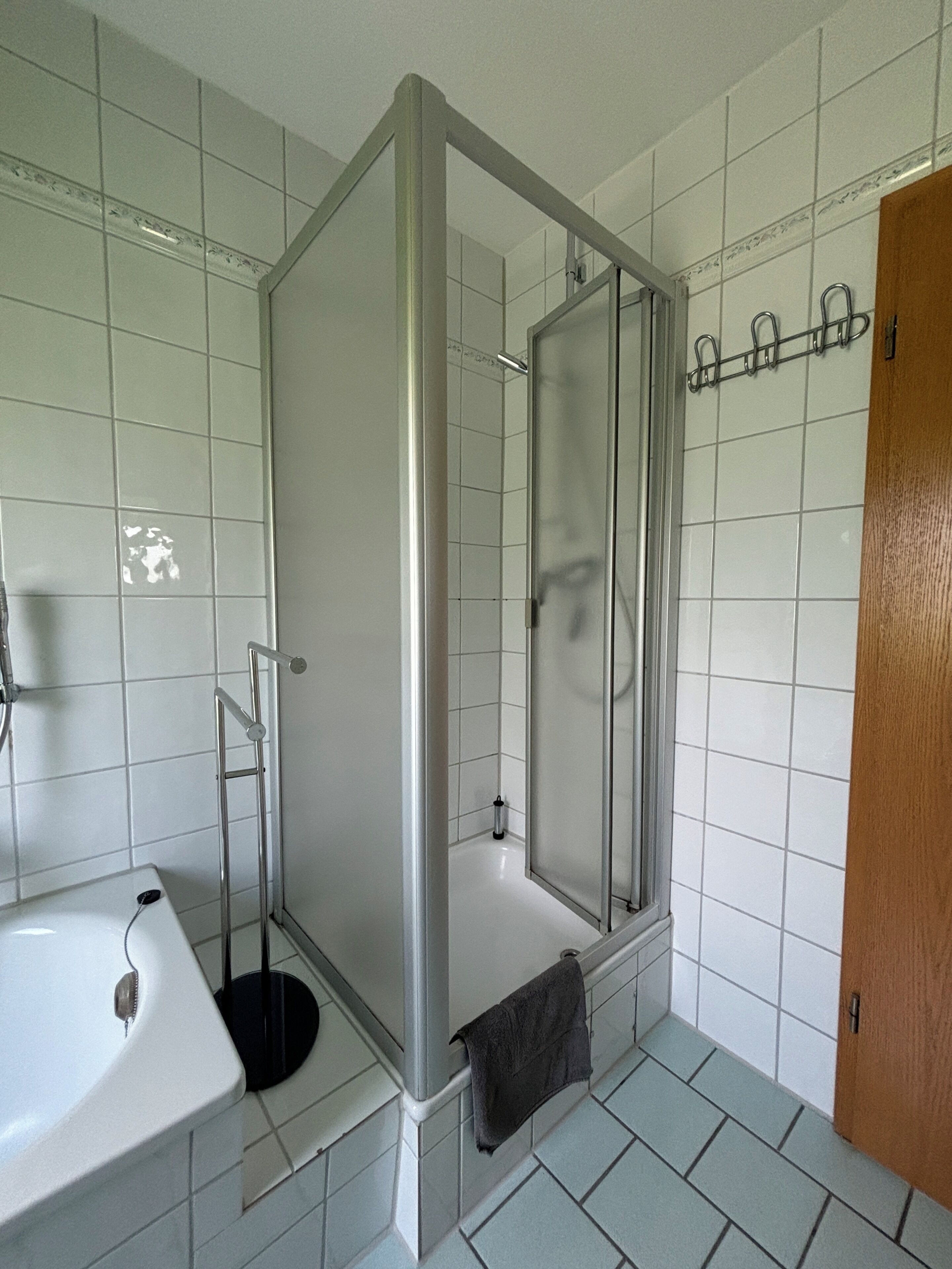 Une salle de bain avec une douche, un lavabo et un porte-serviettes.