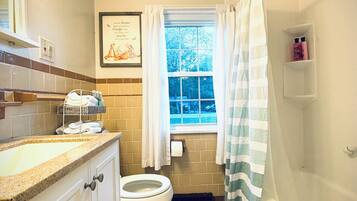 Hair dryer, towels, soap, shampoo