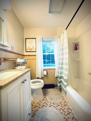 Hair dryer, towels, soap, shampoo