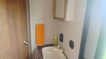 A compact bathroom with a sink, mirror, and toiletries.