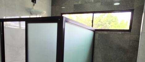 A modern bathroom with a glass shower enclosure, a toilet, and a sink.