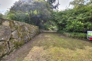 garden with a stone wall and lush greenery.