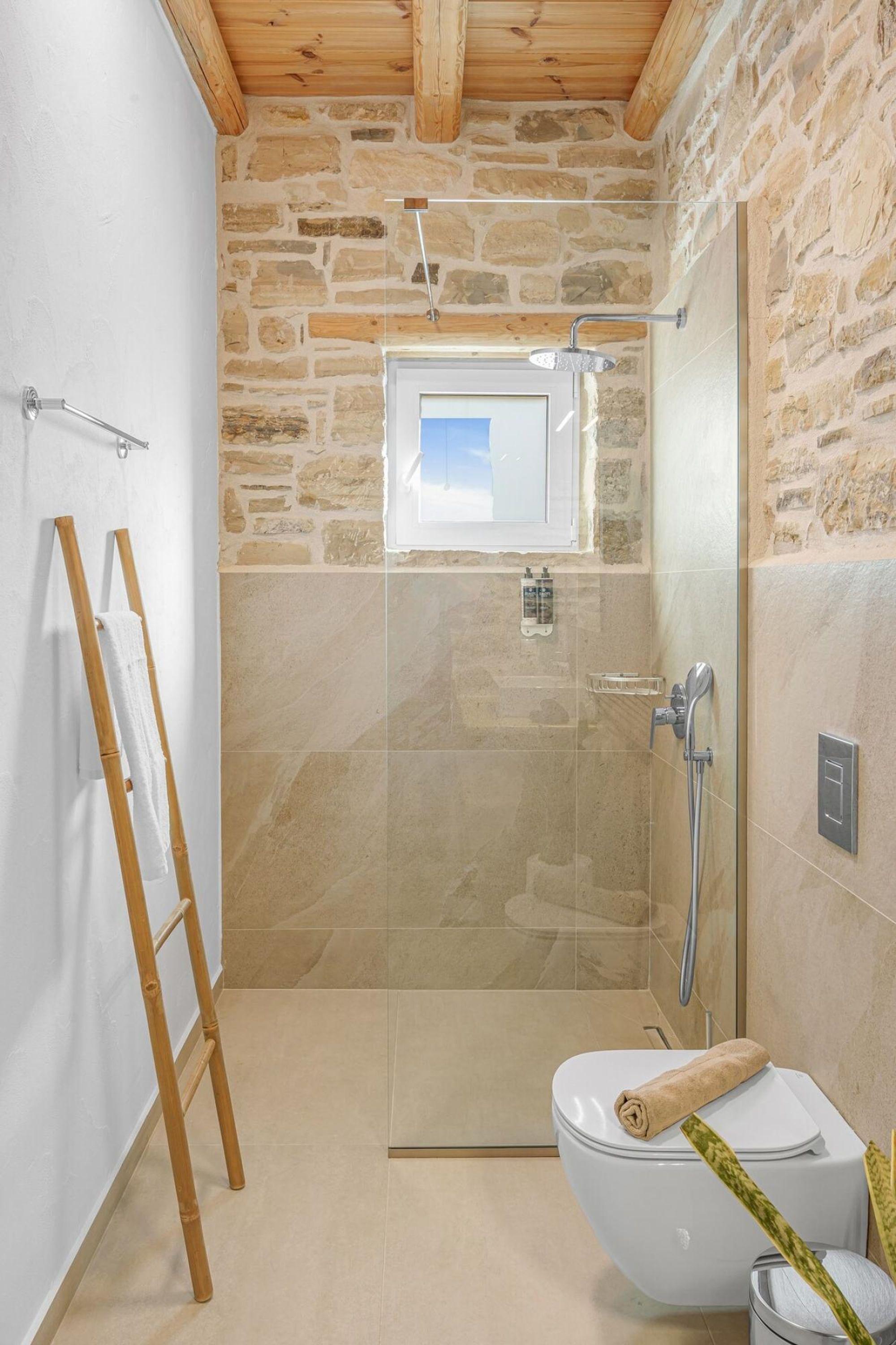 Une salle de bain avec un mur en pierre, une douche en verre, des toilettes avec une serviette à proximité et une échelle en bois.