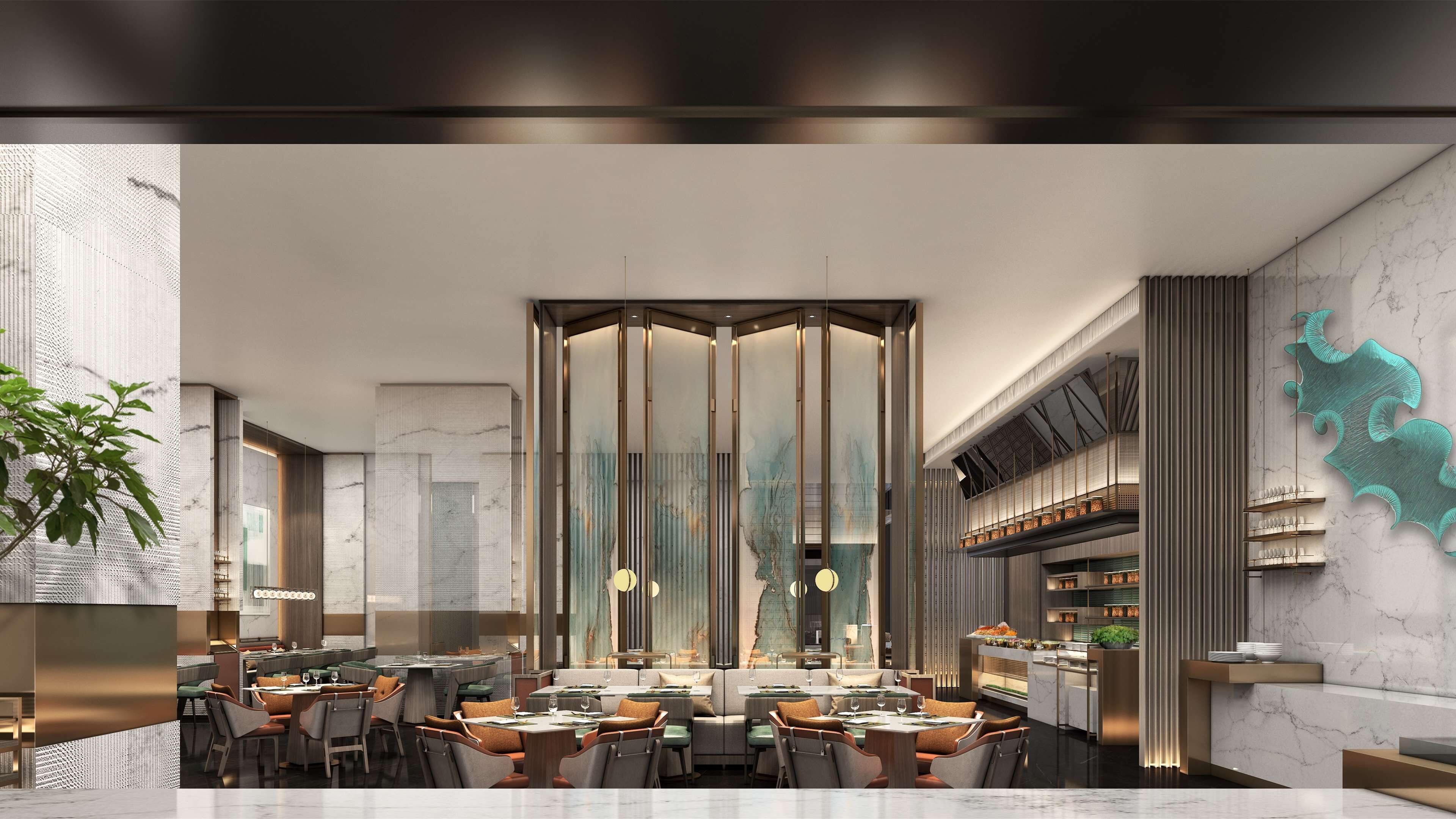 Un restaurante moderno con una zona de estar central, techos altos y una pared decorativa con un diseño abstracto azul.