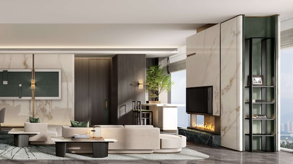 A modern living room with a sectional sofa, a coffee table, a fireplace, a TV, and a city view. - Doubletree By Hilton Guang'An (Guang'an)