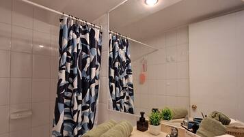 Hair dryer, towels, soap, shampoo