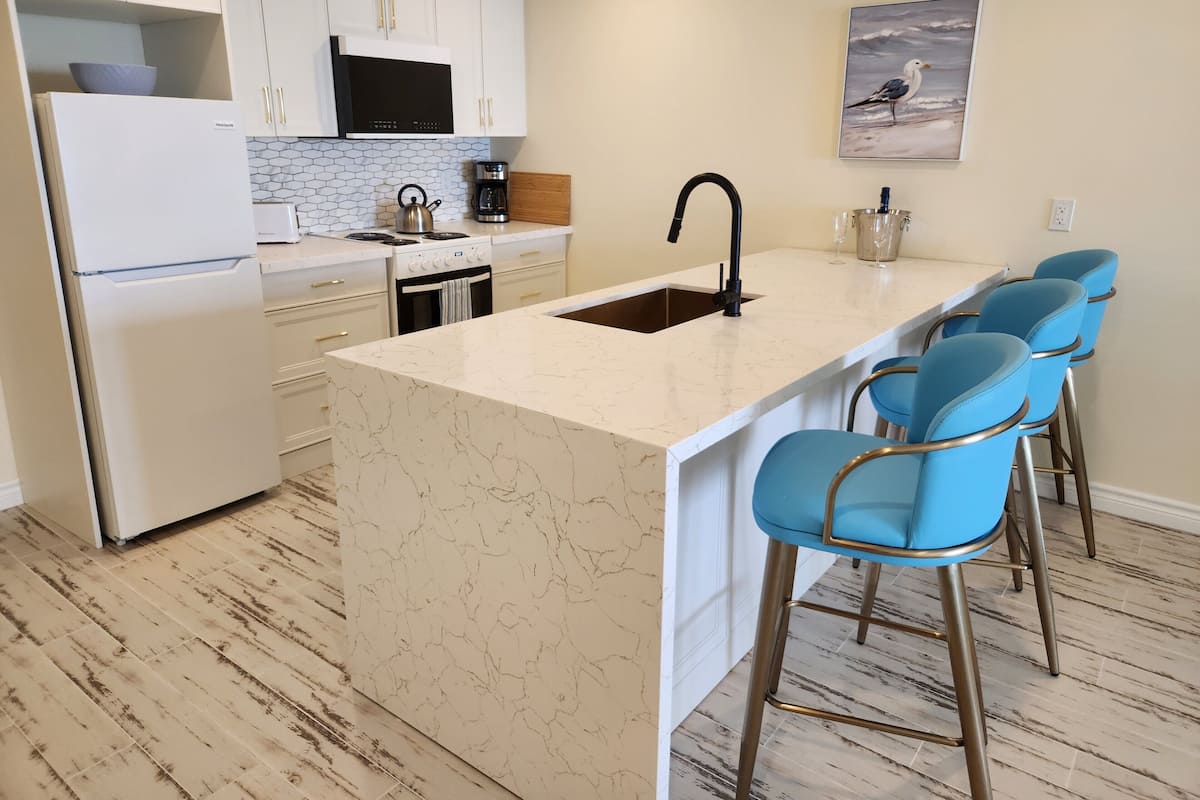 Full-sized fridge, microwave, oven, stovetop