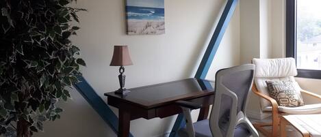 A room with a desk, chair, lamp, and a painting of a beach scene.
