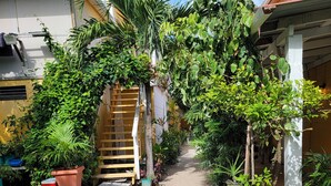 A narrow pathway flanked by lush greenery and a wooden staircase leading to a building entrance. - Belize Sea Reef Inn (Caye Caulker)