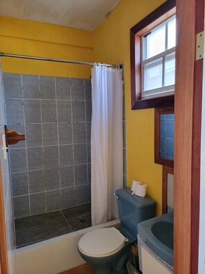 Kamer | Badkamer | Een douche, een regendouche, handdoeken, zeep
