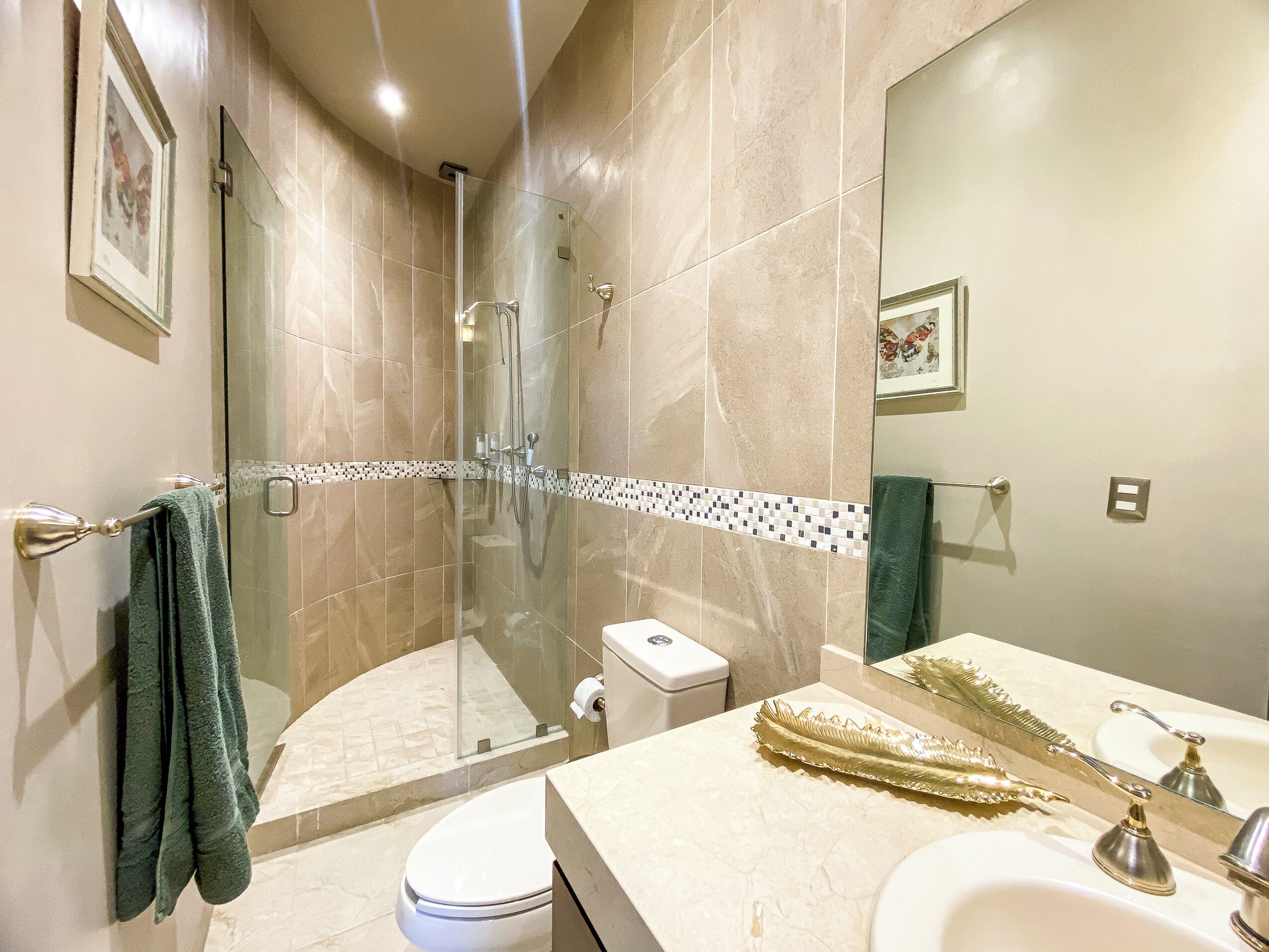 A modern bathroom with a glass-enclosed shower, a toilet, and a sink with a gold decorative tray.