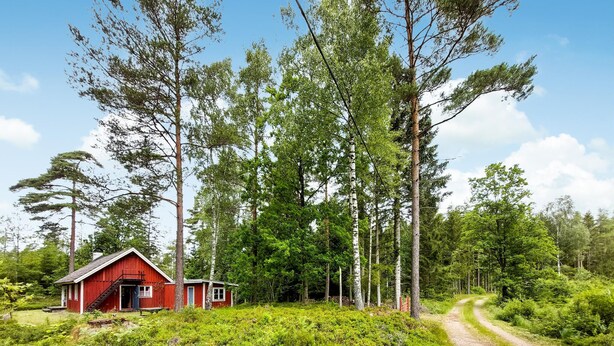 A red cabin with a wooden deck, surrounded by dense forest and a dirt path. - Nice home in Annerstad with WiFi (Annerstad)