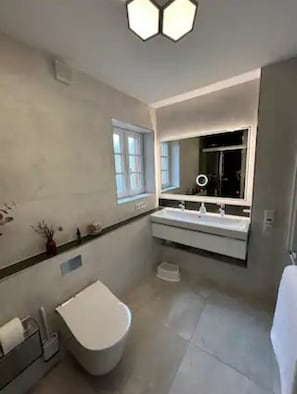 Shower, hair dryer, towels, toilet paper