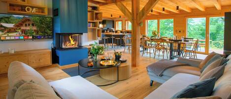 Télévision, cheminée, chaîne hi-fi