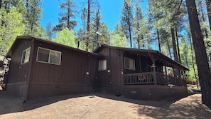 A cabin with a porch, surrounded by tall trees. - Riverside Ridge on East Fork Rd (Greer)