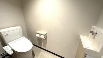 Hair dryer, towels, soap, toilet paper