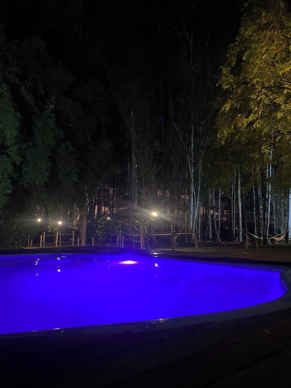 A nighttime scene with a swimming pool illuminated by blue lights, surrounded by trees and a fence. - Hotel e Pousada do Bosque (Boa Esperanca)
