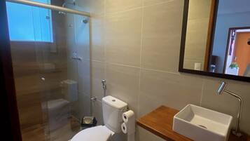 A modern bathroom with a glass shower enclosure, a toilet, a sink, and a mirror.