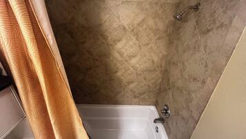 Hair dryer, towels, soap, shampoo