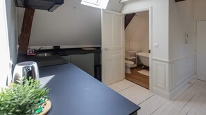 Shower, hair dryer, towels, toilet paper