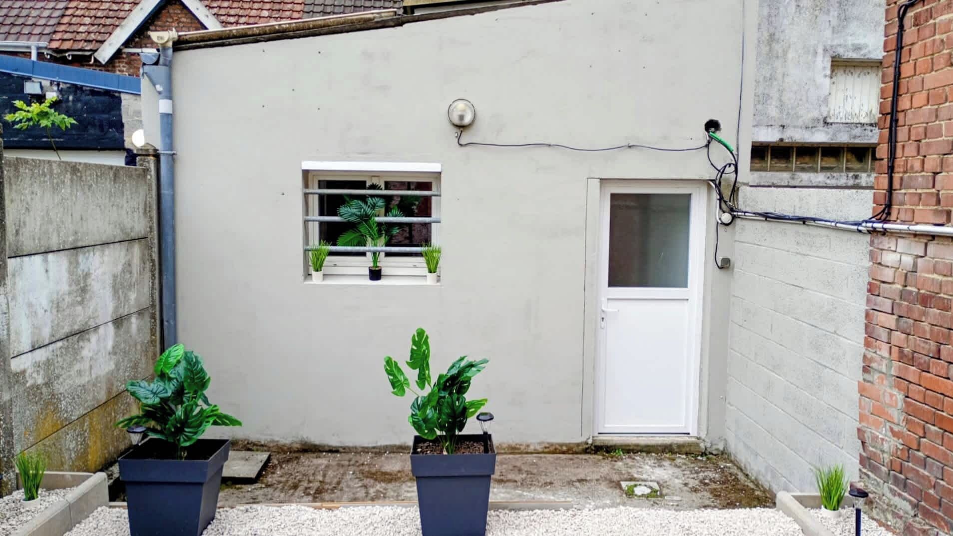Ein kleiner Innenhof mit einer weißen Tür, einem Fenster mit Pflanzen und zwei Blumentöpfen.