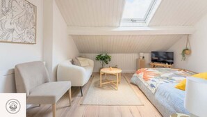 A modern bedroom with a skylight, a sofa, a bed, a TV, and a small table with a plant. - Les combles d'Eugene, proche Bollaert, 2pers (Lens)