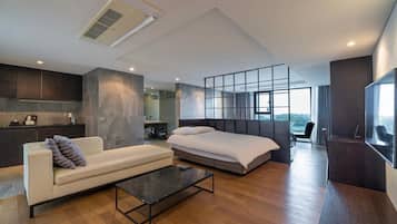 Premium bedding, blackout drapes, soundproofing, free WiFi