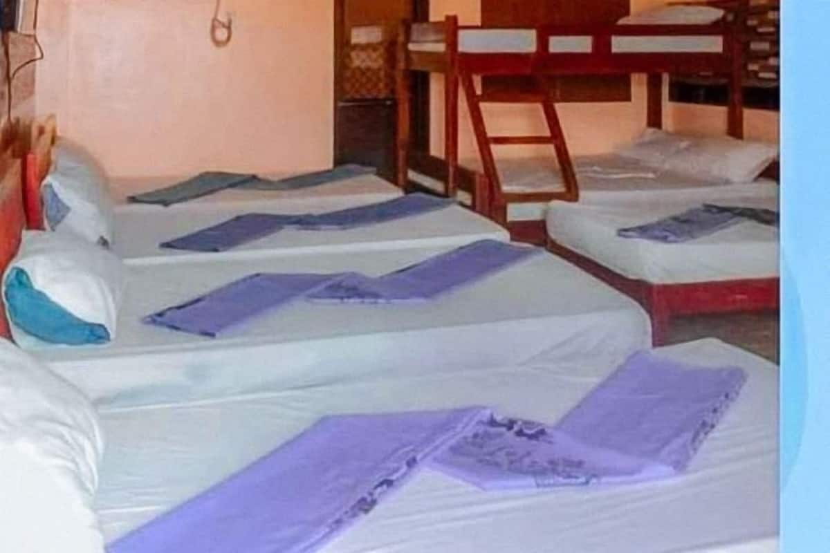 A dormitory room with bunk beds and a desk.