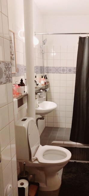 Sèche-cheveux, serviettes fournies, savon, shampoing