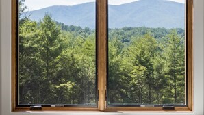 Una ventana con vistas a un bosque y montañas.