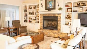 TV, fireplace, books