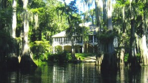 Una casa circondata dall'acqua, con alberi e muschio pendente.