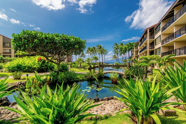 A hotel courtyard with a pond, palm trees, and a bridge.