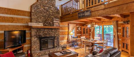 Smart TV, fireplace, foosball