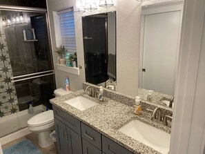 Hair dryer, towels, soap, shampoo