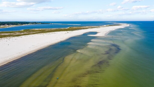 Vista aérea de una playa con agua cristalina, orilla arenosa y tierra a lo lejos.