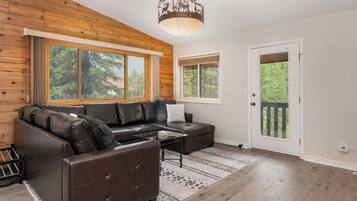 TV, fireplace, books, stereo