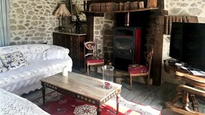 Ein gemütliches Wohnzimmer mit Steinwand, Kamin, Sofa, Couchtisch und Fernseher.