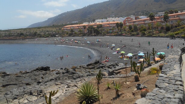 A rocky beach with umbrellas and cacti, a mountain in the background, and buildings with orange roofs.