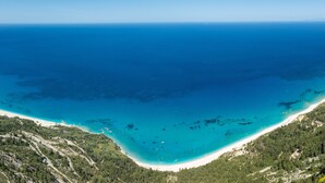 Luchtbeeld van een kustgebied met een strand, dicht bos en helderblauw water.