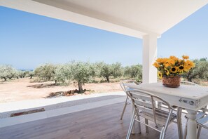Un patio exterior con una mesa y sillas, una planta en maceta y vistas a olivos y al mar.