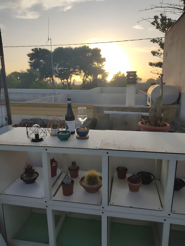 A balcony with potted plants, a bottle, and a glass.